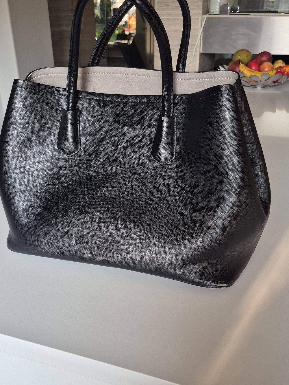 Classic Black Tote Handbag with Cream Trim Leather Veagan